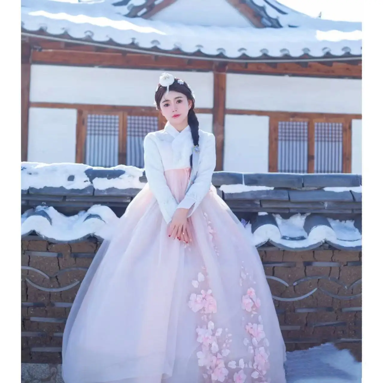 الراقية الوردي الأميرة الهانبوك المرأة التقليدية الكورية زي فستان رقص كلاسيكي قصر يانجي نمط الزفاف الأزهار الملابس