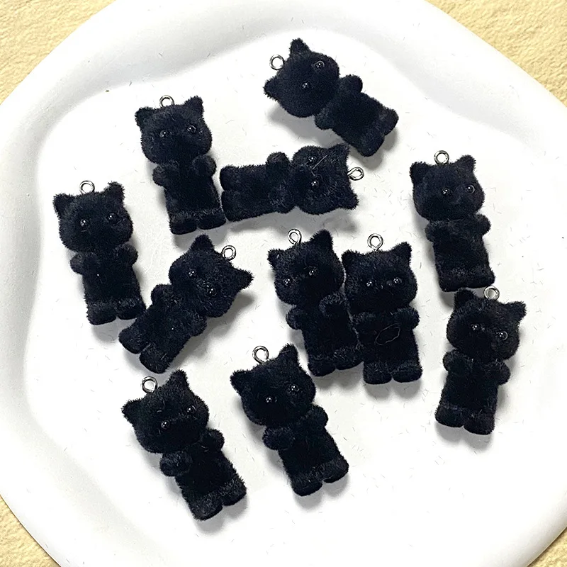 10Pcs Fluffy Black Cat Doll Resin Charms Cute Animals Kitty Pendants for Earrings Keychains DIY Crafts Jewelry Make Accessories