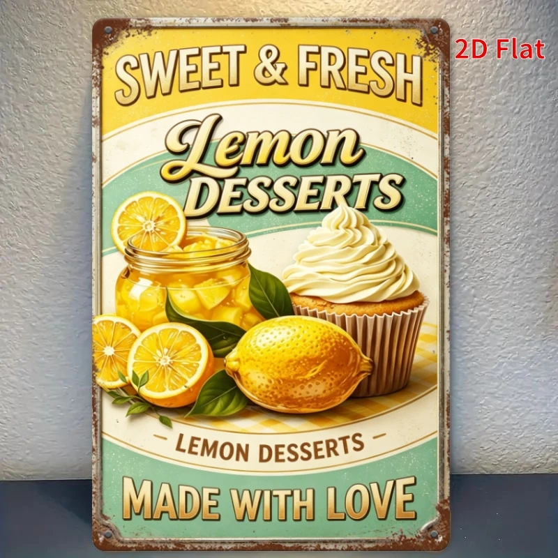 2D Flat Aluminum Metal Tin Sign 8x12in, Vintage Sweet Fresh Lemon Dessert Wall Art for Kitchen Bakery Home Decor