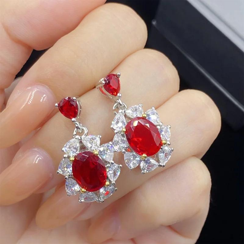 High-End Ruby Full Diamond Color Separation Open Ring Female Pendant Earrings Set