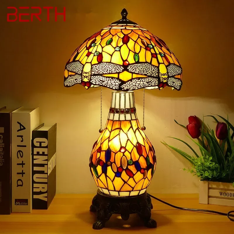 

BERTH Tiffany Table Lamp American Retro Living Room Bedroom Lamp Luxurious Villa Hotel Stained Glass Desk Lamp