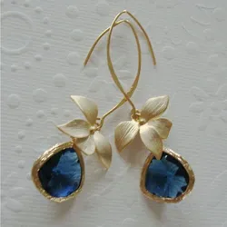 Fashion Gold Color Orchid Cobalt Blue Earrings Inlay Blue Glass Dangle Earrings Wedding Bridal Gift