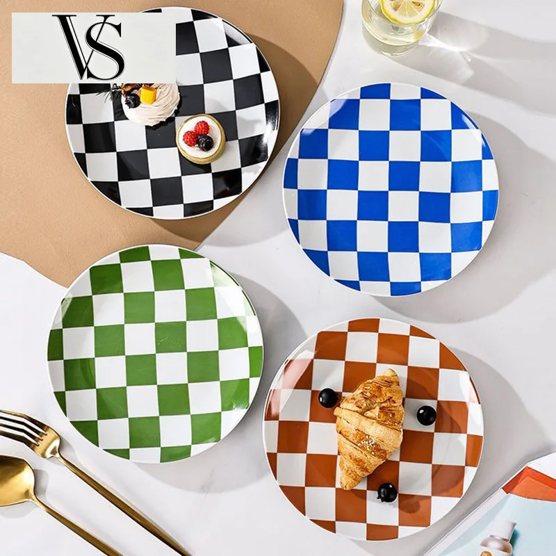 Plate Exquisite Steak Bread Dessert Dishes Utensils Kitchen Home Creative Chess Grid Plate Ceramic Home Dinner Tableware Western