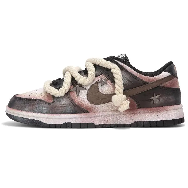 

[Custom Women's style with rust and starlight blackish-brown]Nike Dunk Low Low-Top Skateboard Shoes Women's Black White Red
