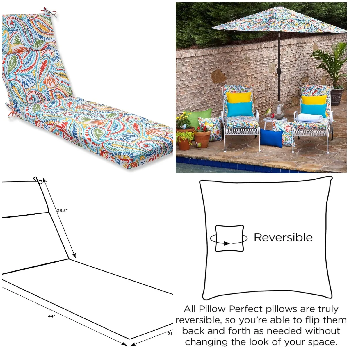 

Paisley Split Back Chaise Lounge Cushion, 72.5' x 21', Blue/Multi, Indoor Outdoor, Weather & Fade Resistant