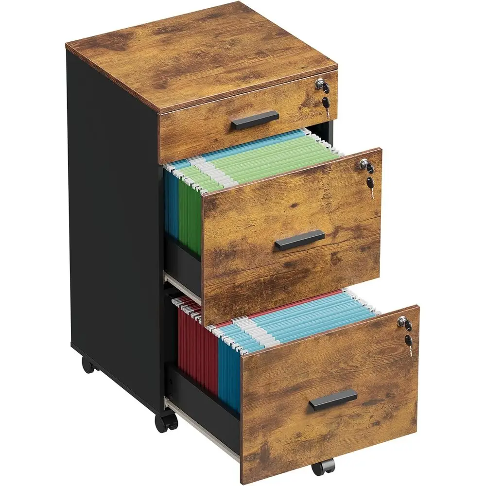 Der Cabinet with Lock & Wheels, Wood Printer Stand | Mobile Filing Cabinet for Letter/A4 Size; Rustic Brown Wood Printer Stand K