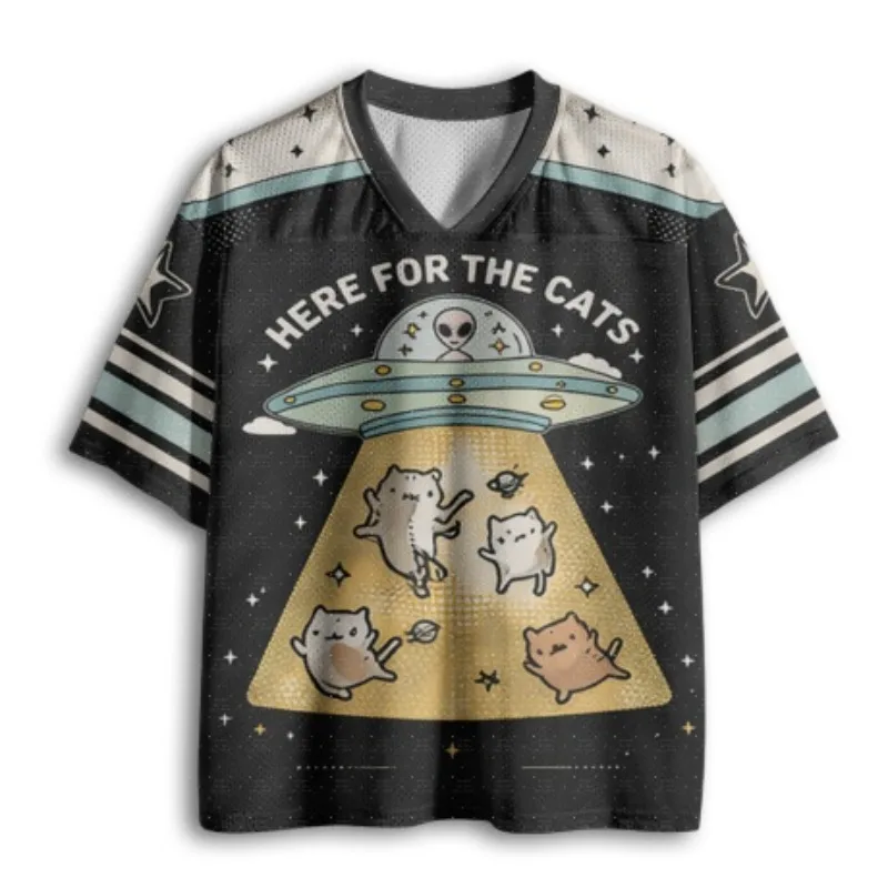 V-Ausschnitt Fußballtrikot mit niedlichem UFO-Alien-Katzen-Stern-Weltraum-Print, schwarz-creme-mintfarben, gestreifte Ärmel, lockeres Sport-T-Shirt