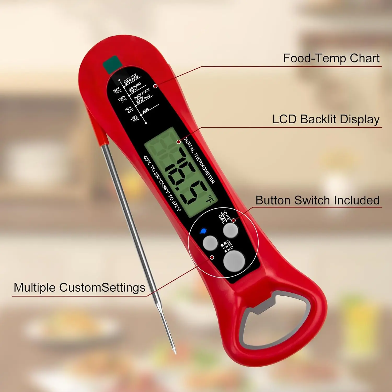 Fast & Precise Digital Instant Read Meat Thermometer with Backlight Magnet Calibration - Kitchen Food Thermometer for Cooking