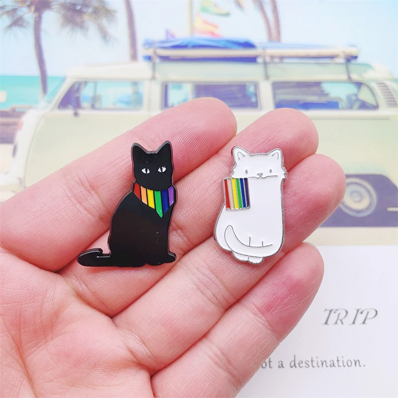 Cartoon Cute Animal Rainbow Cat Enamel Pins White Black Couple Cat Alloy Brooch Badge Fashion Jewelry Gift For Friends