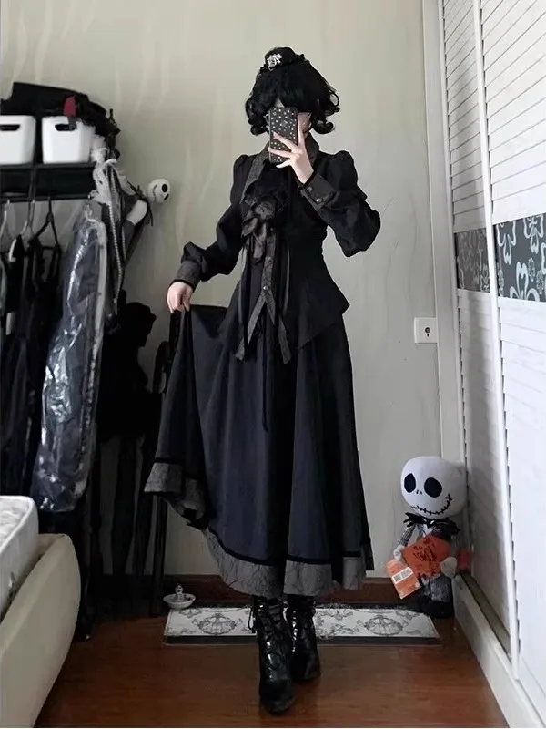Estilo gótico escuro palácio camisa lolita saia conjunto japonês original elegante e lindo deslocamento diário conjunto de duas peças para mulher