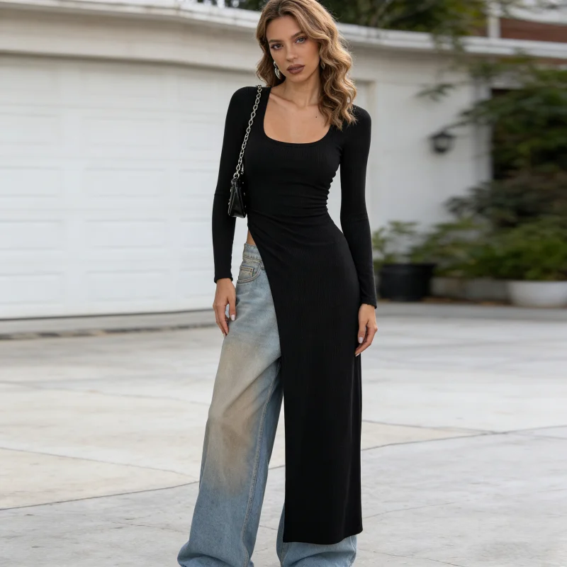 بلوزات نسائية ربيعية بأكمام طويلة ورقبة مربعة Y2k عالية الانقسام بقصة ضيقة ملابس خروج عصرية للخريف بلوزات نسائية #1