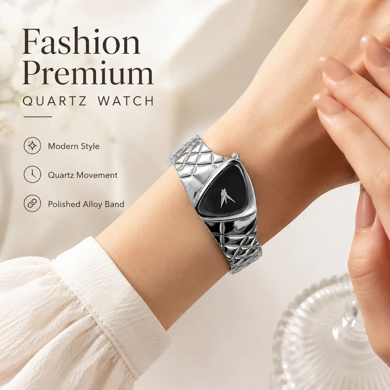 Unique triangular stylish high-end quartz watch, textured silver alloy strap, black and white color scheme, adjustable