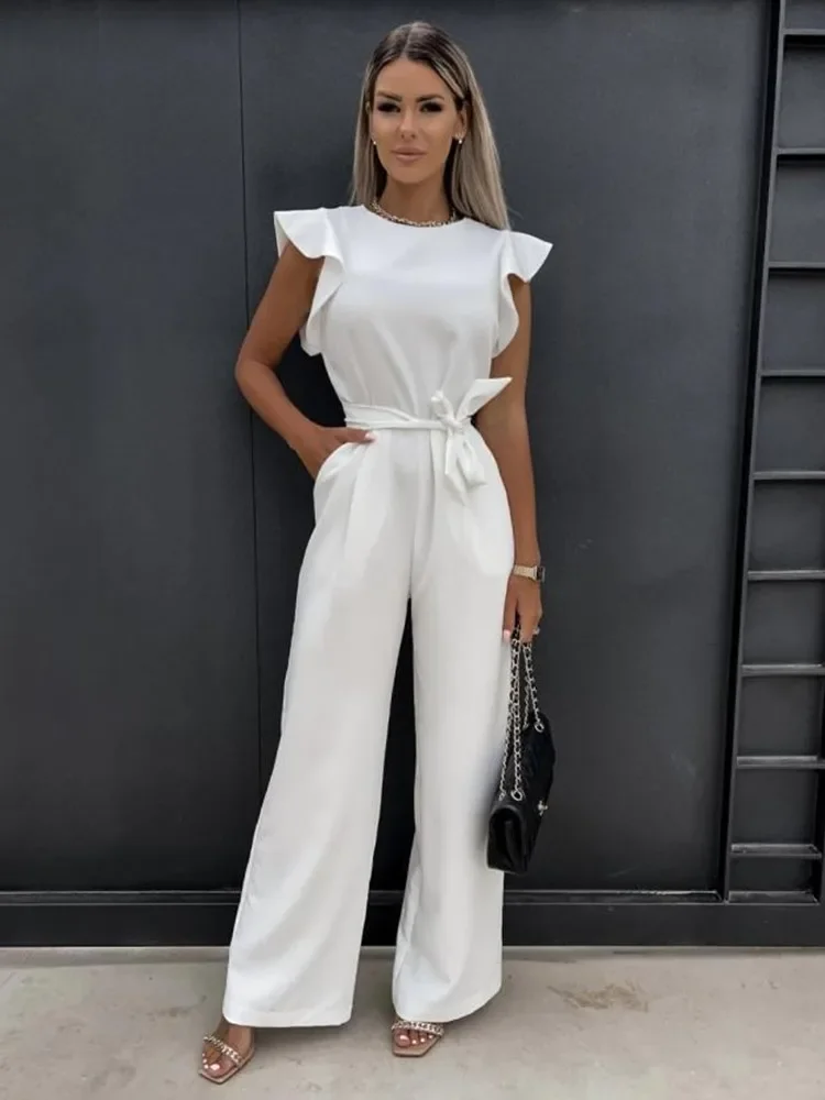 

Summer Solid Color Jumpsuit Women Butterfly Sleeve Wide Leg Jumpsuits Elegant Romper Vintage Streetwear Overalls Bodysuits