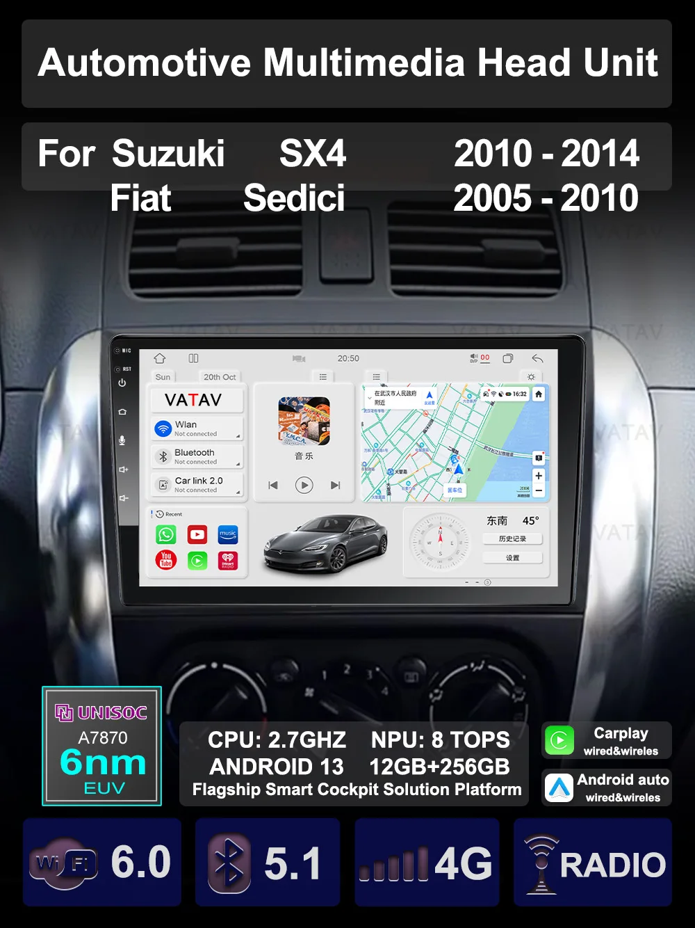 

For SUZUKI SX4 2011 FIAT SEDICI 2005-2010 Car Multimedia Carplay Android Auto GPS Navigation Radio stereo Video Palyer Head Unit