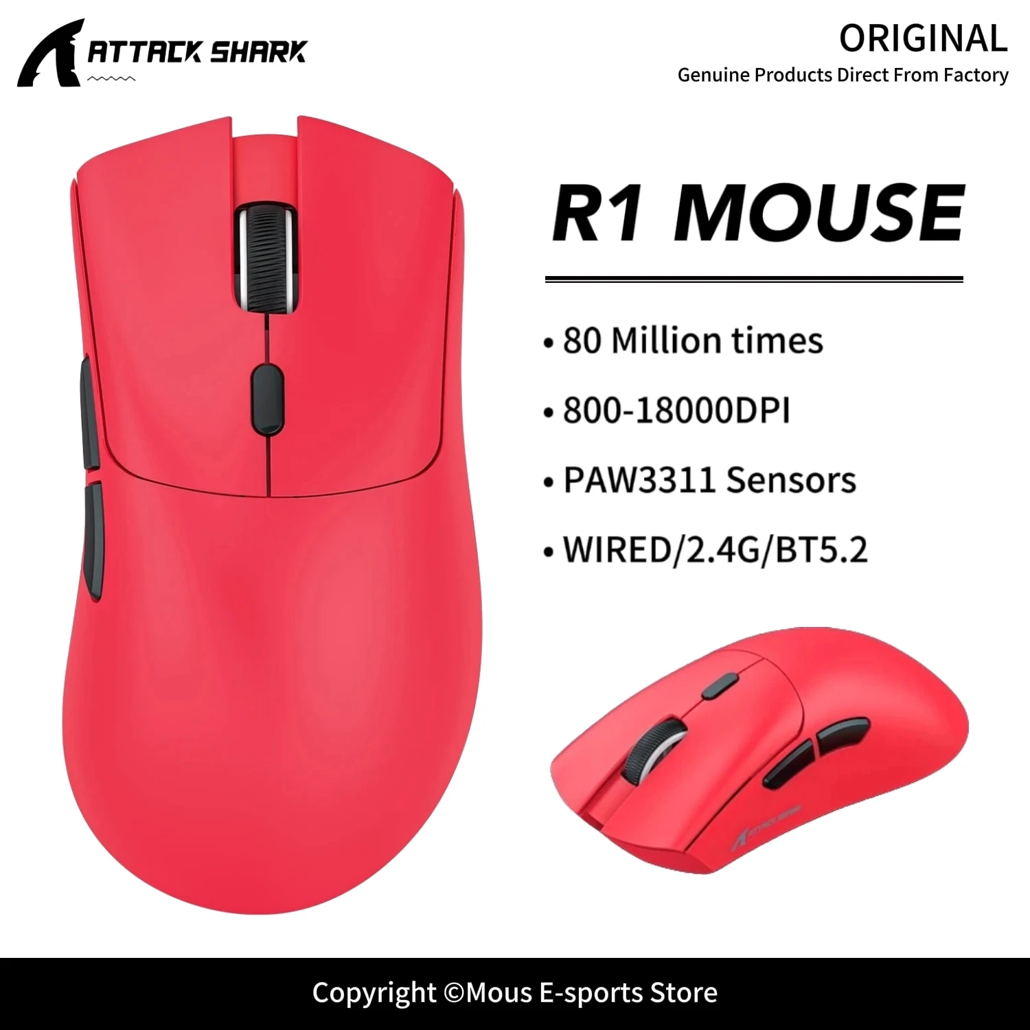 R1 ATTACK SHARK Bluetooth Lightweight Mouse PAW3311 Sensor 18000DPI 80 Million Times and 1000Hz Polling Rate for Wireless Mouse