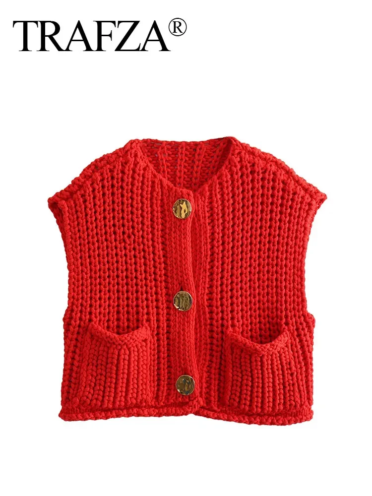 TRAFZA Women Vintage Red Knitted Vest Gold Buttons O Neck Sleeveless Sweater Female Y2k Fashion High Street Chic Top Sweaters