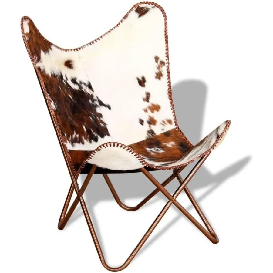 Butterfly Chair for Living Room Office Bedroom, Brown and White Real Cowhide Leather, Rustic Animal Print Ergonomic Chair