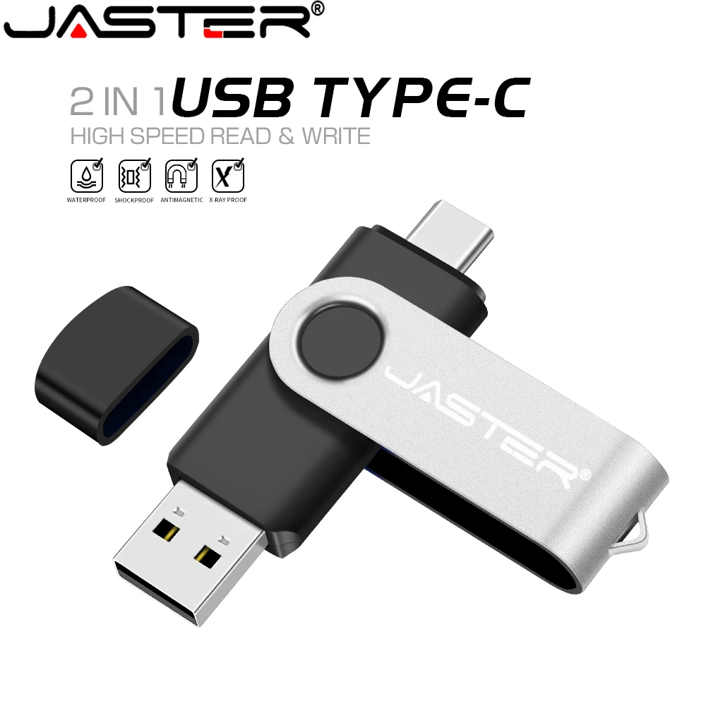 JASTER TYPE-C 2-in-1 USB 2.0 Flash Drive 128GB Memory Stick Free Keychain Pen Drive 64GB 32GB Rotatable External Storage Gift