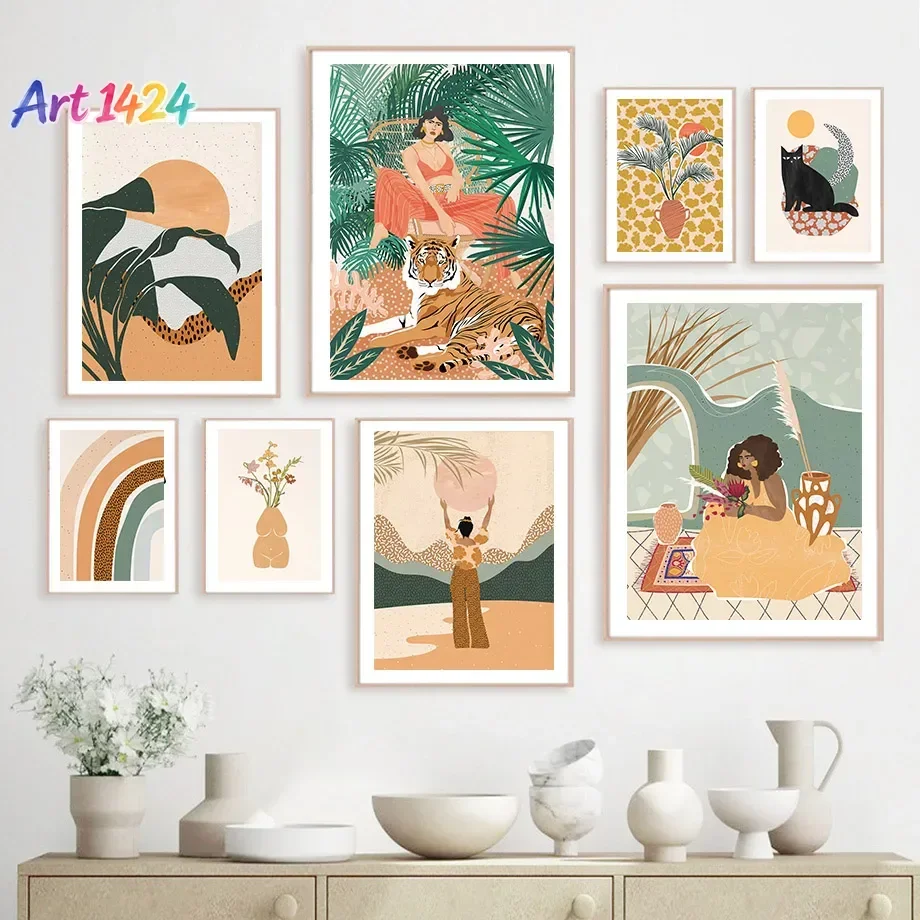 Colorful Fashion Girl Tiger Rainbow Leaves Wall Art Canvas Print Painting Abstract Poster  Pictures for Living Room Home Deco