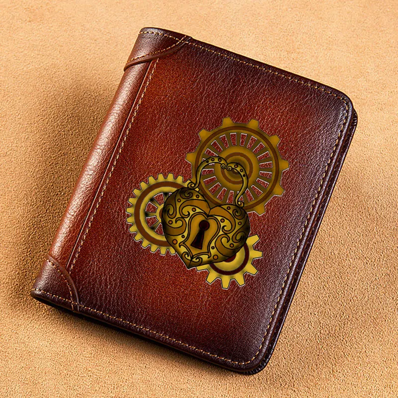 High Quality Genuine Leather Wallet Steampunk Gear Heart Lock Design Printing Card Holder Male Short Purses BK653