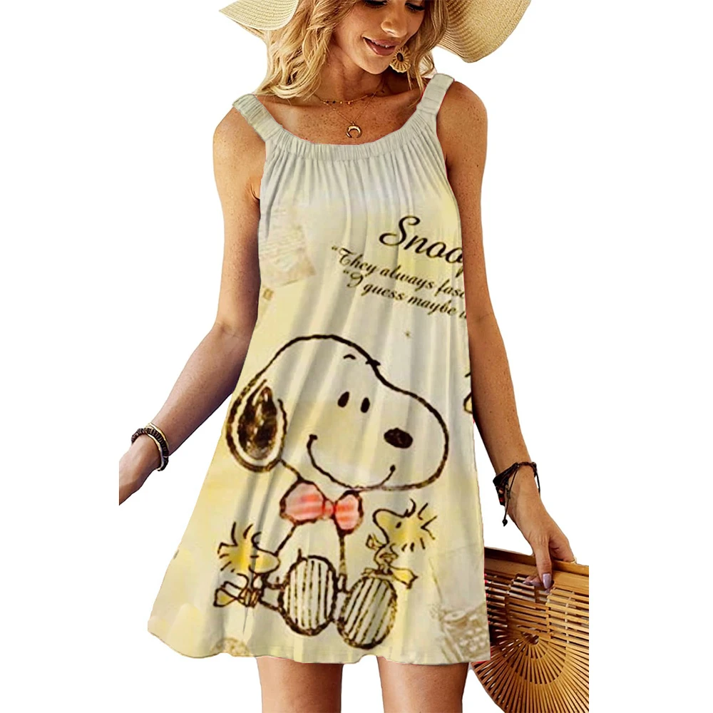 Women's Beach Dresses Snoopy Kawaii 2025 Summer Youthful Woman Clothes Y2k Anime Sanrio Leisure Elegant Chic Dress Boho Sling