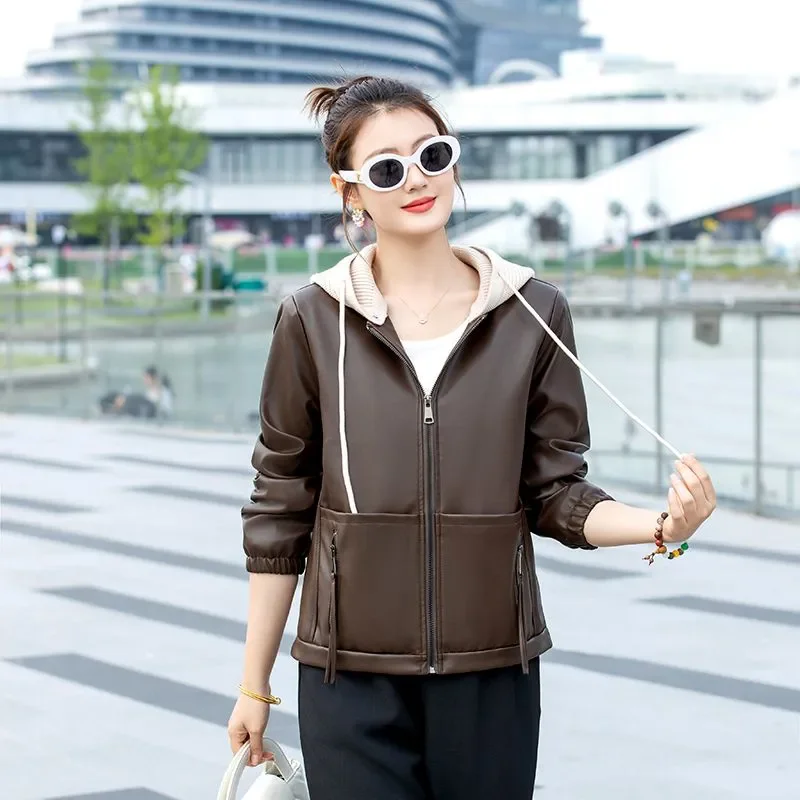 Spring And Autumn Versatile Knitted Hooded Pu Leather Jacket For Women, Simple And Loose Slimming Zipper Commuting Casual Coat