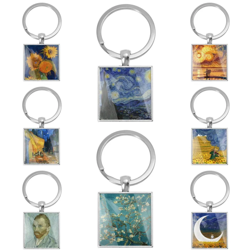 Oil Painting Art Van Gogh The Starry Night HD Printing Photo Square Keychain Backpack Decoration Jewelry Key Ring Wholesale Gift