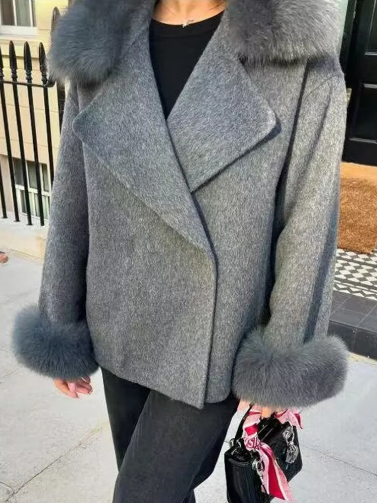 

Winter Warm Fur Spliced Woolen Coat Women Loose Lapel Long Sleeve Solid Female Jacket 2025 Autumn New Lady Elegant Outerwear ﻿