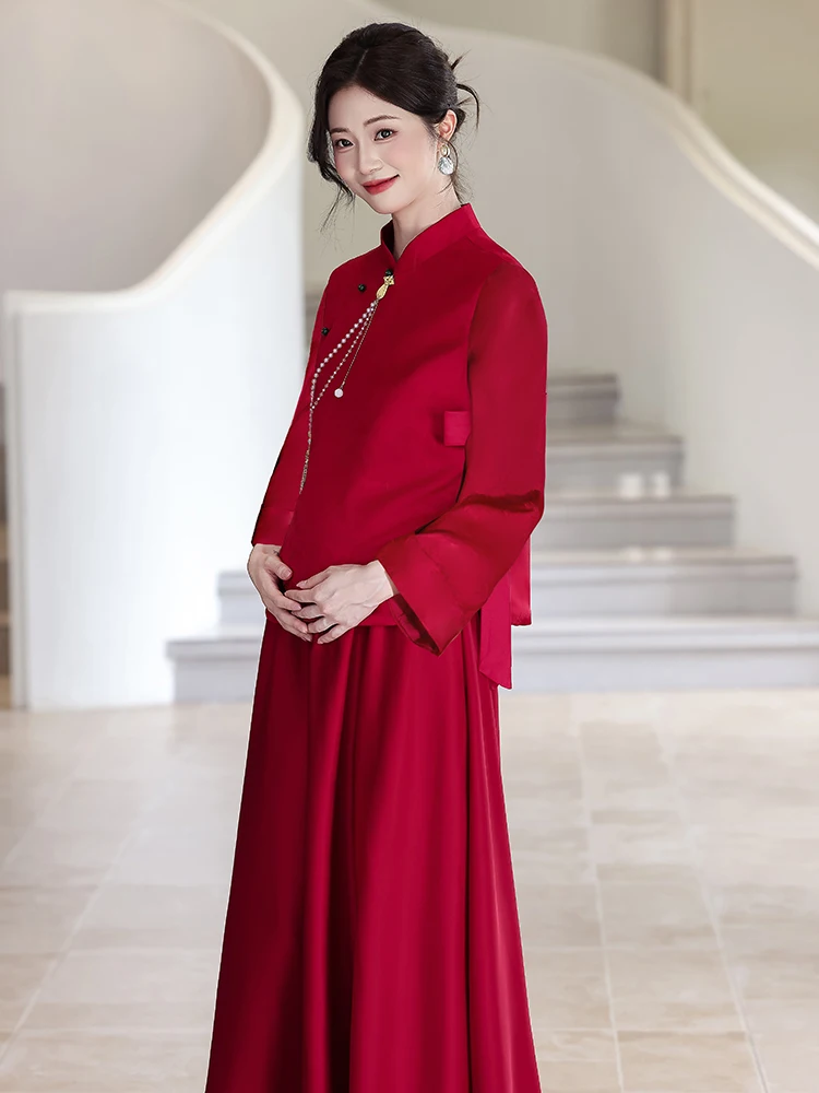 

Красный свадебный комплект для беременных женщин в китайском стиле, большие размеры, с покрытием для живота, для помолвки и торжеств