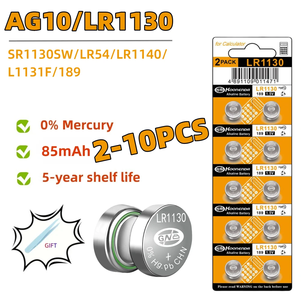2-10PCS AG10 LR54 1.55V 85mAh Cell Coin  SR54 389 G10189 LR1130 SR1130 V10GA Alkaline Button Batteries for Watch Toys Remote