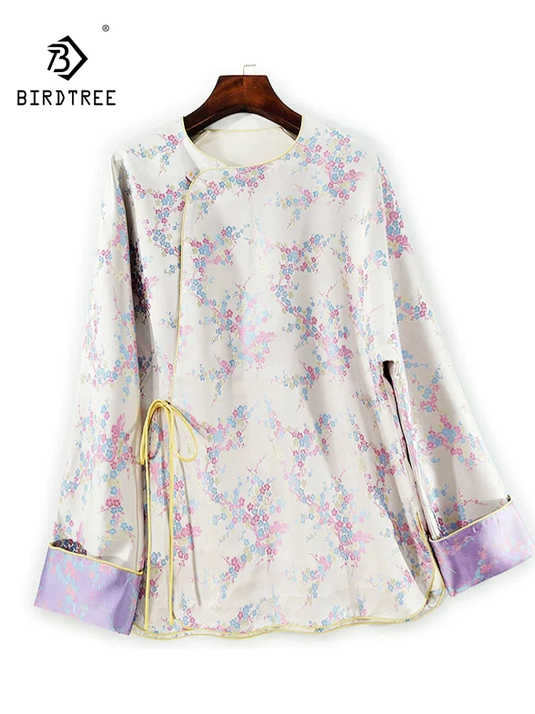 

BirdTree-Song Brocade Silk Elegant Shirt, Women O Neck Floral Jacquard, Retro Commute Chic Loose Blouse, 2025 Autumn T5O563CC