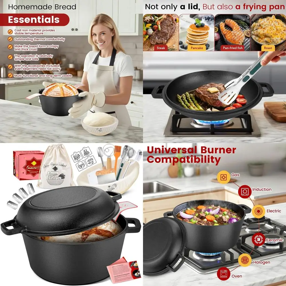 

5-Quart Cast Iron Dutch Oven with Skillet Lid, Sourdough Starter Kit Including Proofing Basket and Lame, Versatile Cooking Pot f
