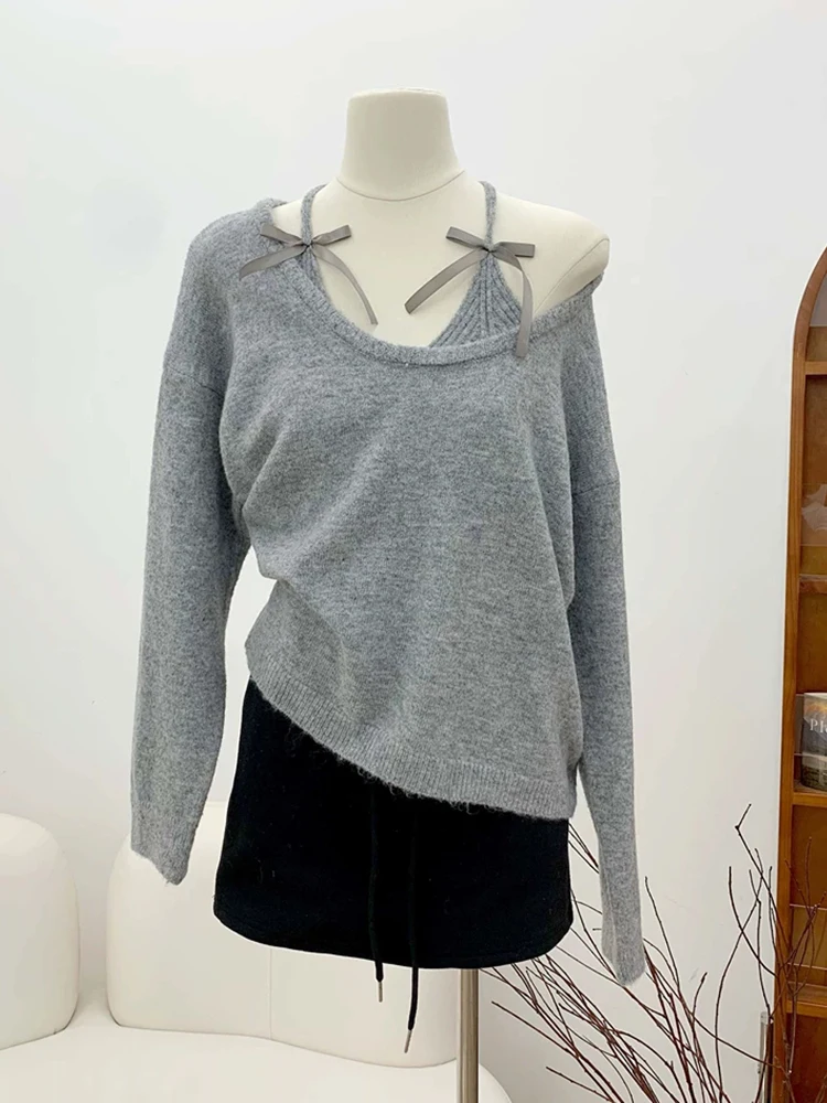 RORORIRI Gray Halter Top Layered Sweater Women Set Bow V-neck Camisole Long Sleeves Pullover Jumper Top Vintage Lounge Knitwear