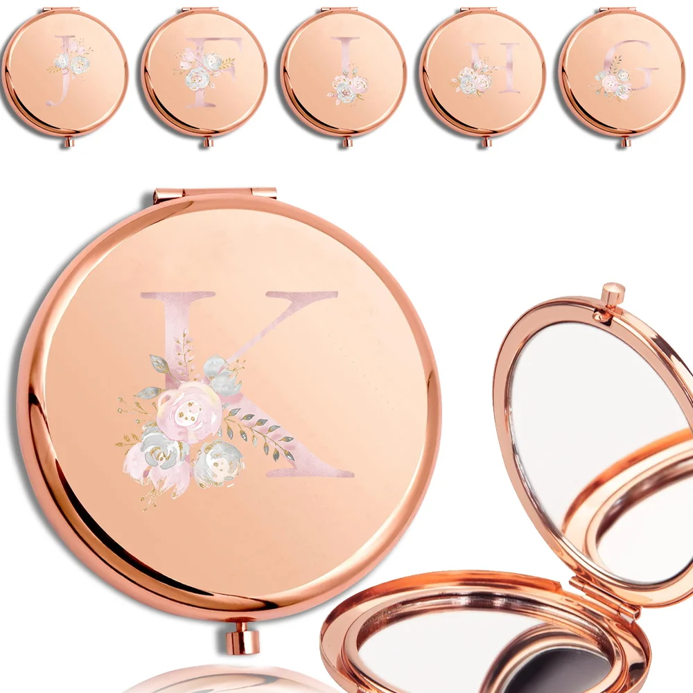 

Women Double Sided Makeup Mirror Round Metal Cosmetic Folding Look Glass Portable Travle Beauty Tool Pink Flower Letter Pattern