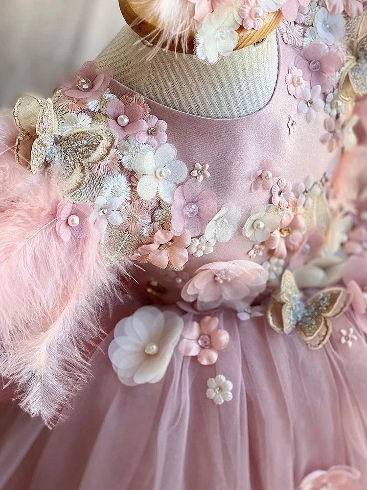 New Pink Children\'s Lolita Dress Girl\'s Princess Embroidered Flower Pearl Strap Fluffy Dress Carnival Birthday Party Prom Dress