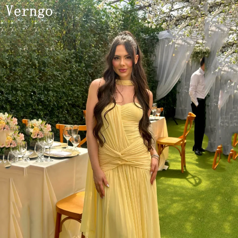 Verngo Simpe Yellow  Chiffon Evening Dress Strapless Pleated Party Dress Tiered Wedding Party Prom Gowns Customized