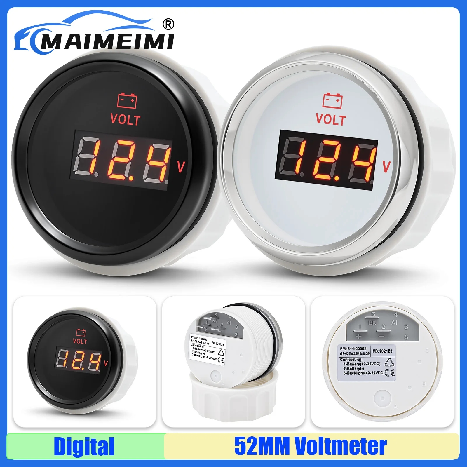 

MAIMEIMI Digital 52MM Voltmeter 9-32V Red Backlight Universal Car Auto Boat Yacht Voltage VOLTS Meter Gauge Diesel Petrol Engine