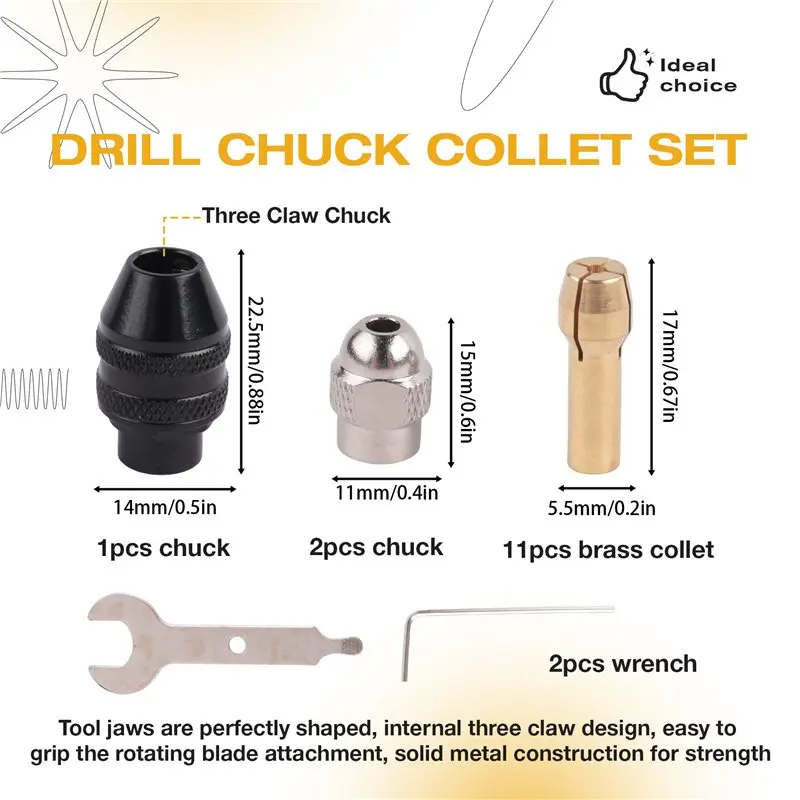 RABIT AS59~ 16Pcs Drill Chuck Collet Set, 1/32 To 1/8Inch Drill Chuck Collet Set With 11Pcs Brass Collet, 3Pcs Chuck, 2Pcs Wrenc