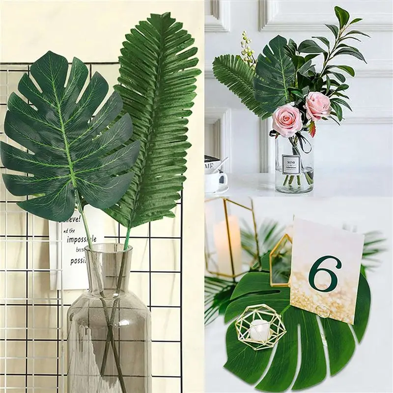 

ABJI-176 Pieces Palm Jungle Leaves 8 Kinds Faux Tropical Monstera Leaves With Stems For Hawaiian Luau Party Beach Theme Party