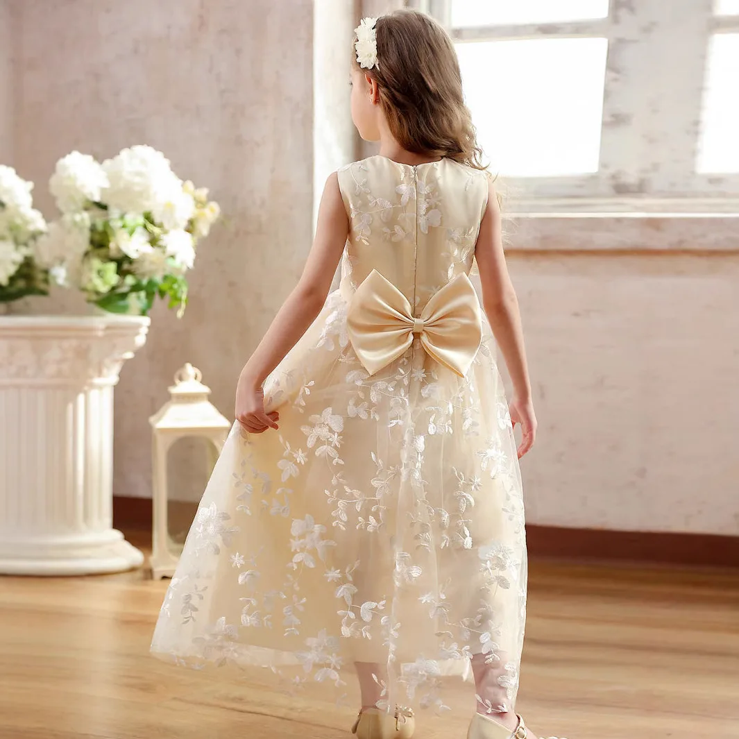Champagne o pescoço sem mangas rendas vestidos da menina de flor menina longo vestido de dama de honra para o casamento vestido de baile grande arco vestido de chica