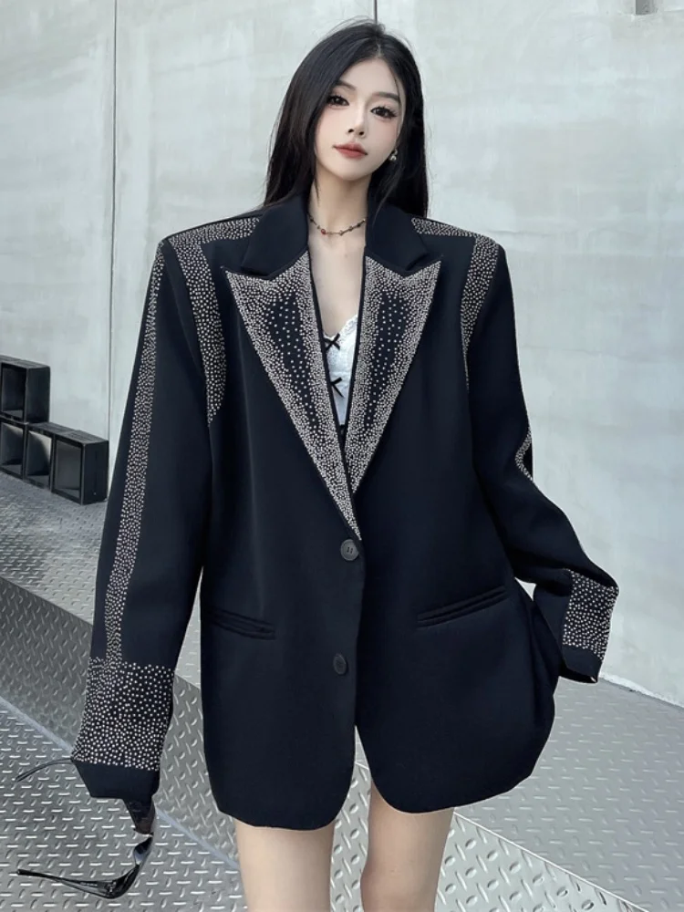 New Spring High-End Luxury Hot Stamping Diamond Jacket Coat Women's Design Fashionable Black Outwear