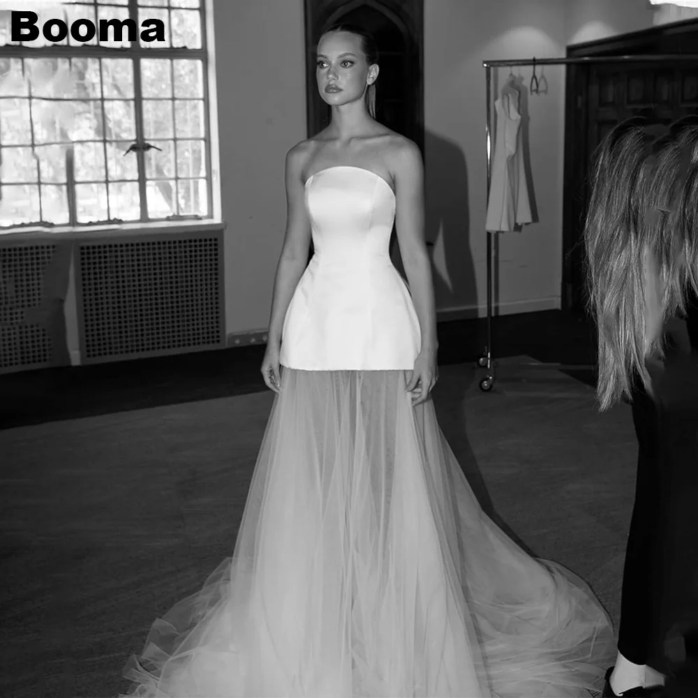 

Booma Stain Tulle Wedding Dresses Strapless Sleeveless Brides Party Gowns for Women vestido noiva casamento mais vendidos