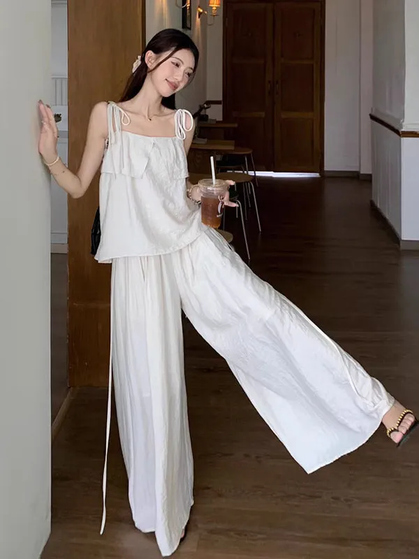 

Casual Loose Women's Set with Lace Trim White Strap Top And High Waist Wide Leg Pants Summer Two Piece Suit Faionable Ensemble