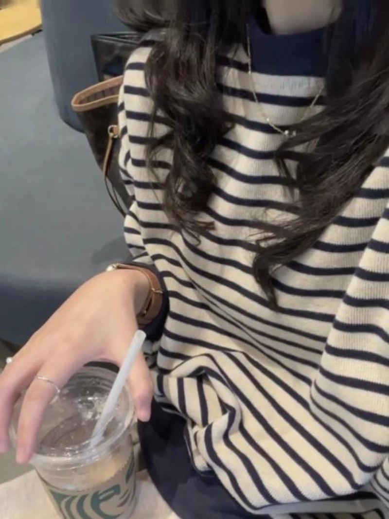 Women's New American Striped Round Neck Pullover For Spring Autumn Fashion Loose Casual Knitted Sweater Top Oversize Winter