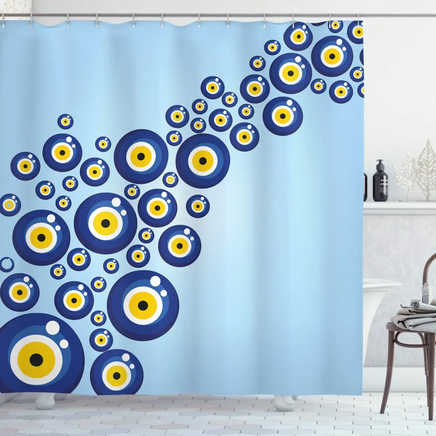 Evil Eye Shower Curtain Luck Glass Look Beads Graphic on Plain Background Waterproof Fabric Bathroom Curtains Decor with Hooks