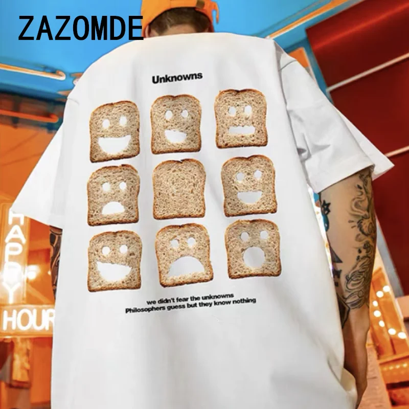 ZAZOMDE Toast Letter Print Man Bawełniane koszulki z okrągłym dekoltem i krótkim rękawem Letnia luźna koszulka codzienna Odzież oversize dla