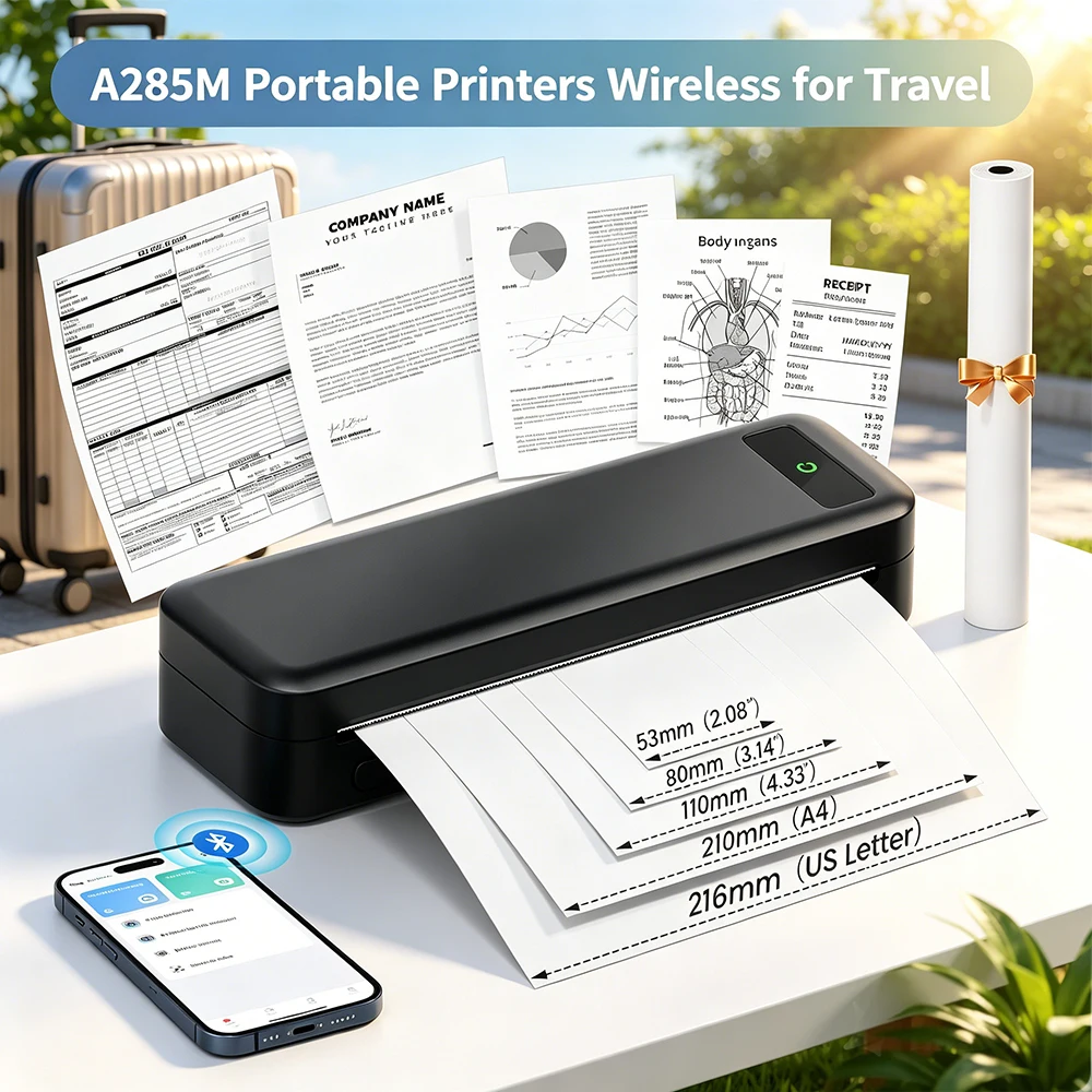 Impresora portátil A285M, impresora inalámbrica Bluetooth sin tinta, impresora térmica con Bluetooth, compatible con papel A4, compatible con PC/móvil