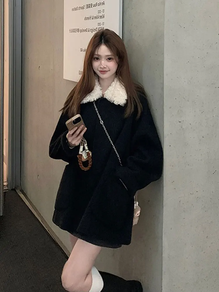 

Korean Sle Double-Sided Woolen Coat for Women in Bla Medium-Length Loose Fit Slimming Winter Outerwear Commute Friendly