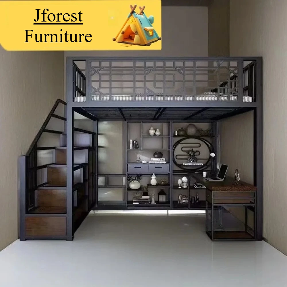 Space-Saving High Sleeper Metal Loft Bed Chinese Style Single Bed with Desk for Small Rooms Sturdy Metal Frame Dorm Furniture