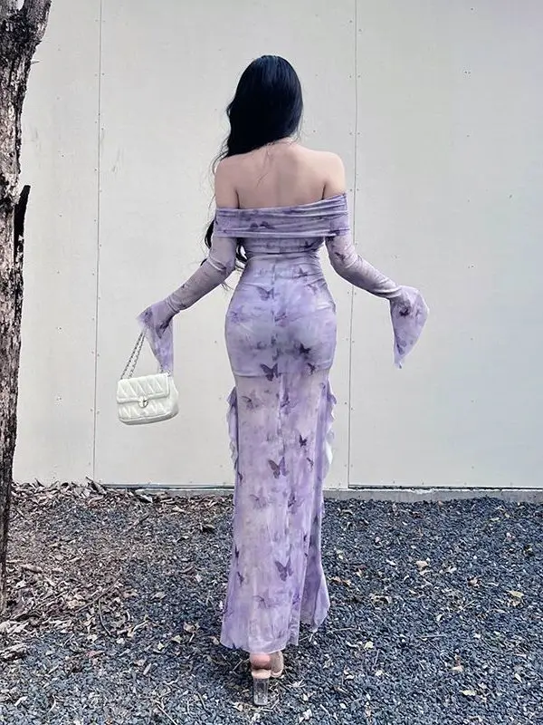 Sexy Slim Fit Fish Tail Dress Long Sleeve Mesh One Shoulder Chinese Style Women's Autumn Fashion High Waist Print City Commute